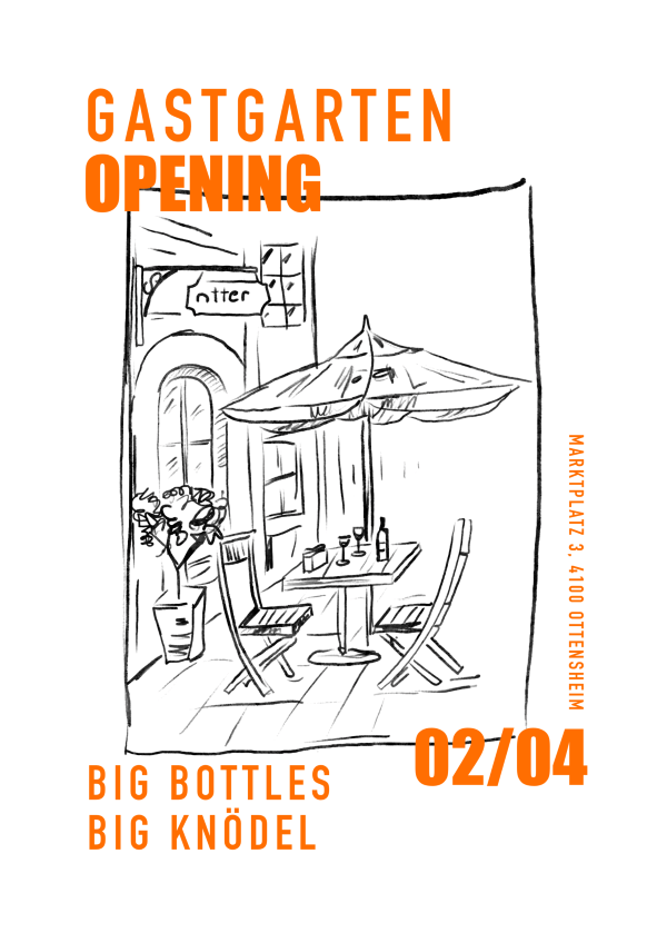 Flyer für das Gastgartenopening. Text mit Schemenhafter illustration eines Gastgartens